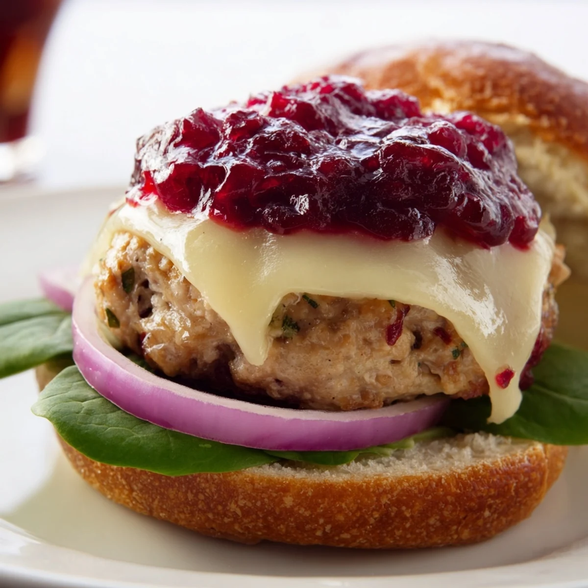 Golden-brown turkey burgers with melted Brie and ruby cranberry sauce on a toasted brioche bun, served with sweet potato fries.