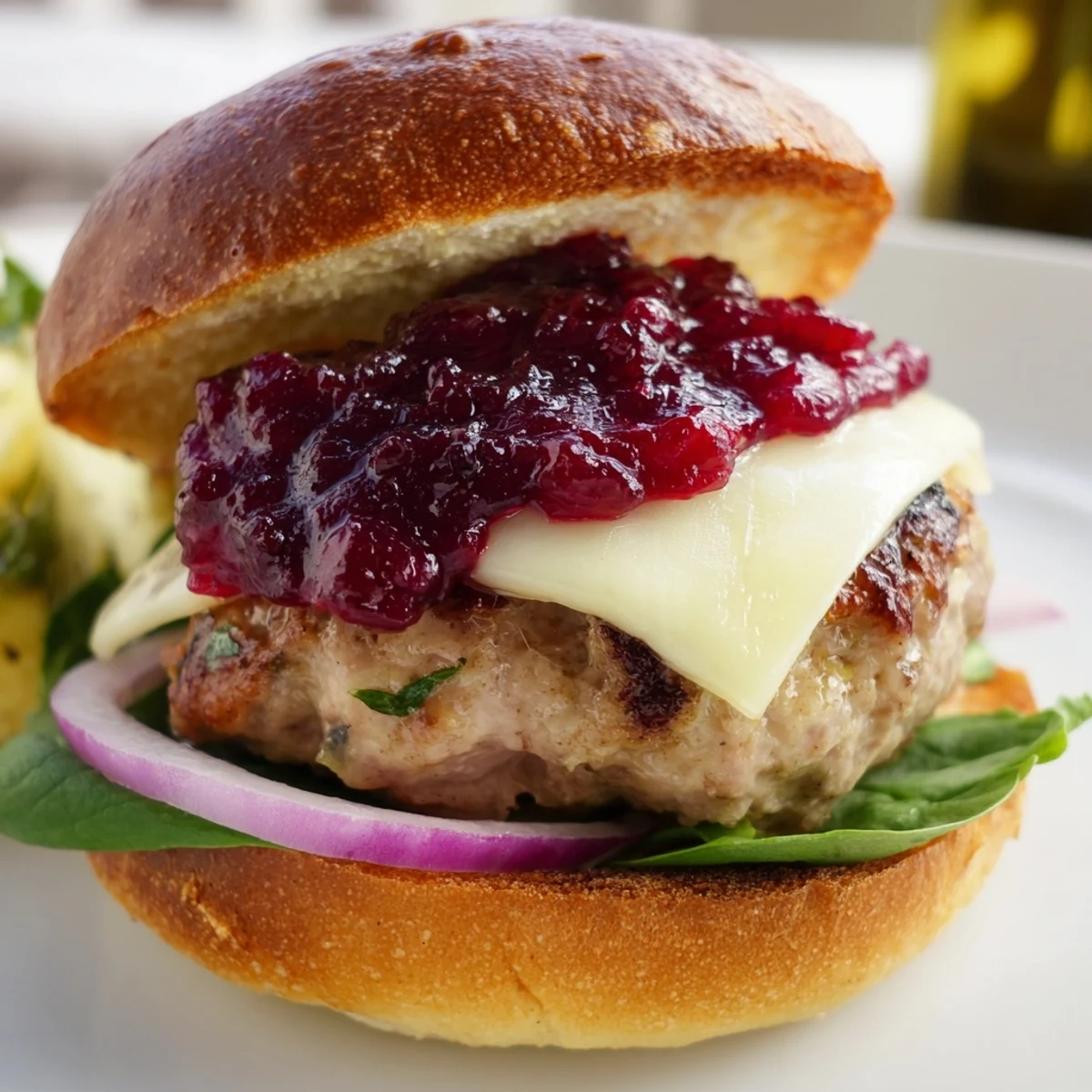 Festive turkey burger topped with creamy Brie and tangy cranberry sauce, garnished with fresh arugula on a rustic wooden table.