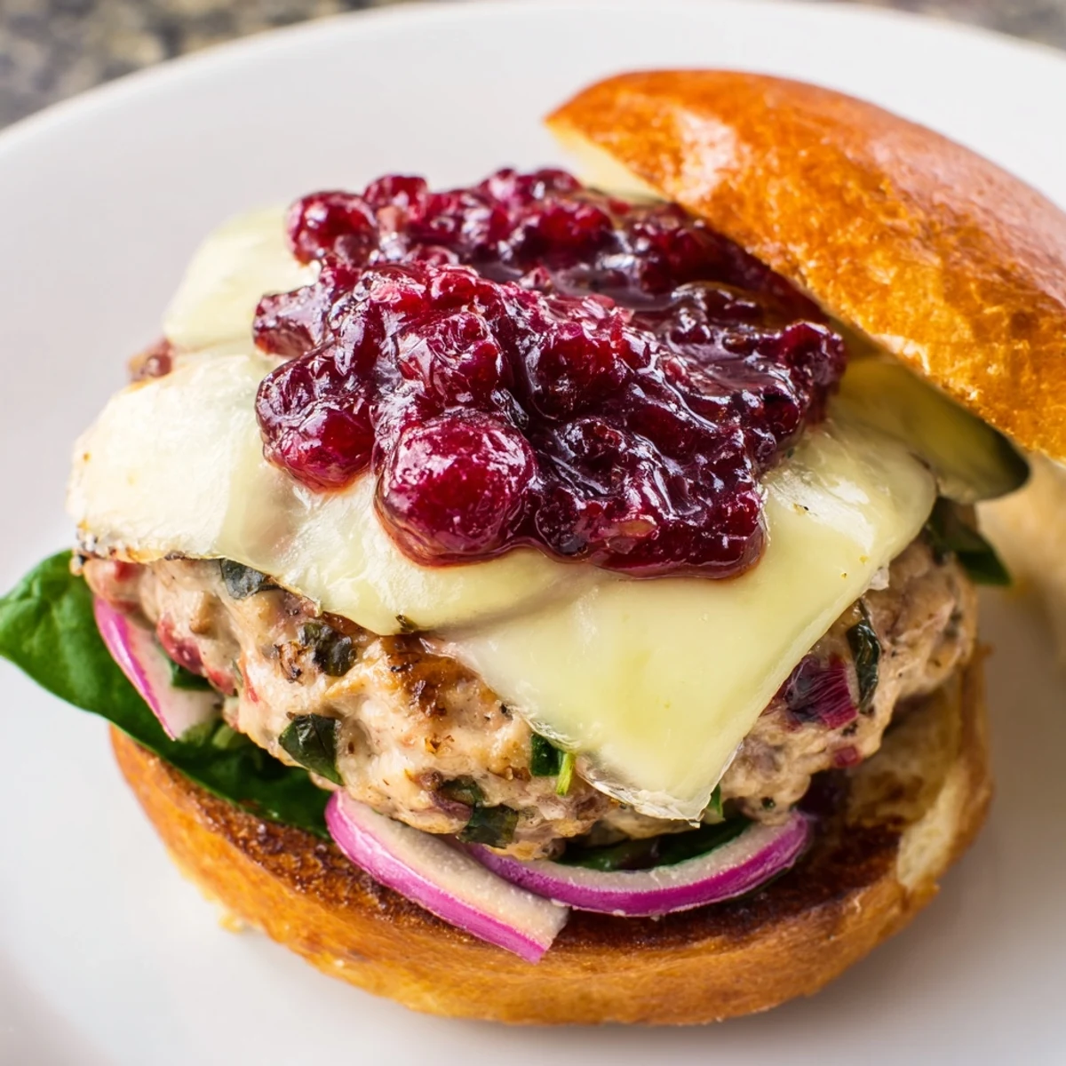A plated Turkey Burger with Cranberry Sauce and Brie, featuring a juicy patty and vibrant red sauce for a holiday-inspired meal.