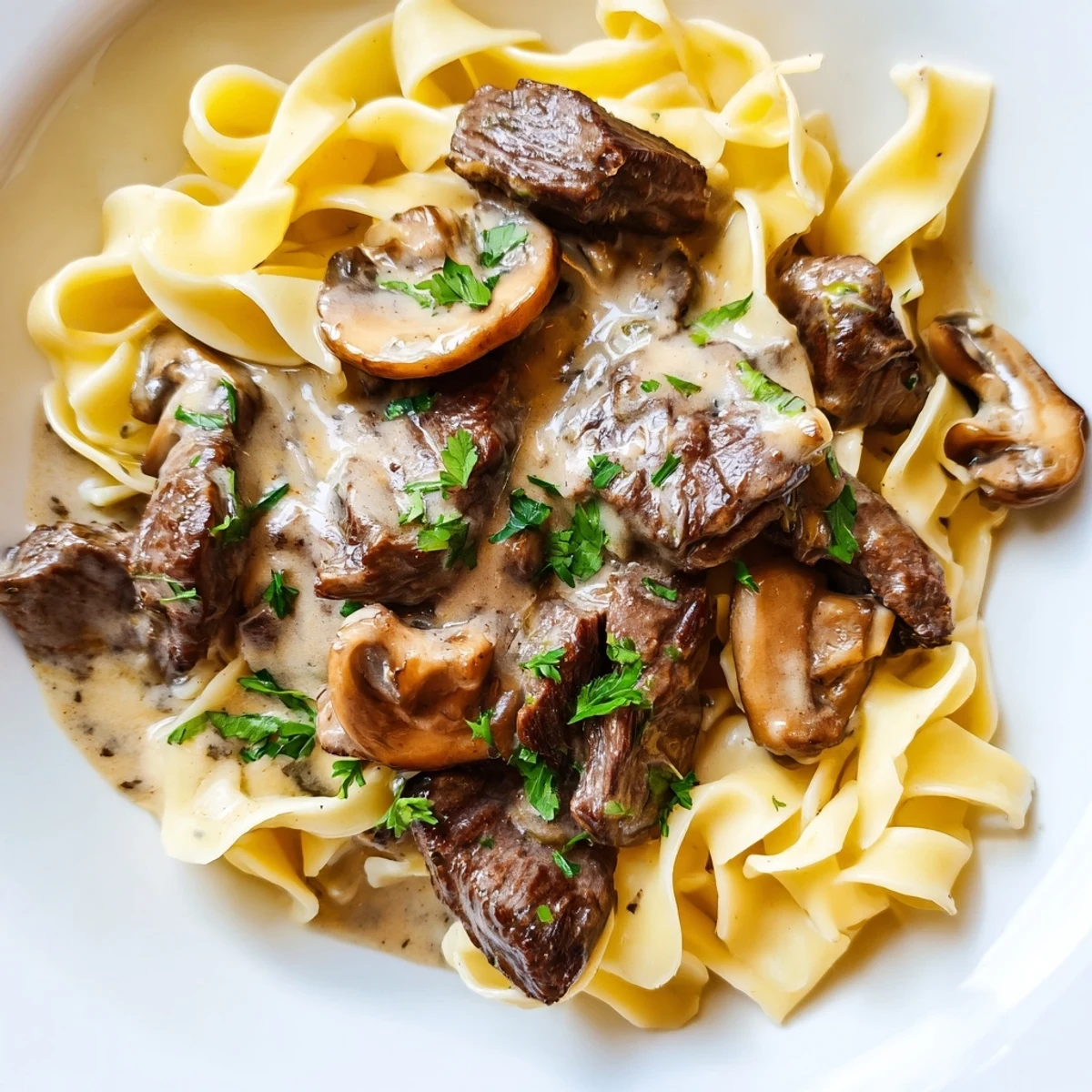 A bowl of savory beef stroganoff garnished with fresh parsley, ready to be enjoyed for dinner.