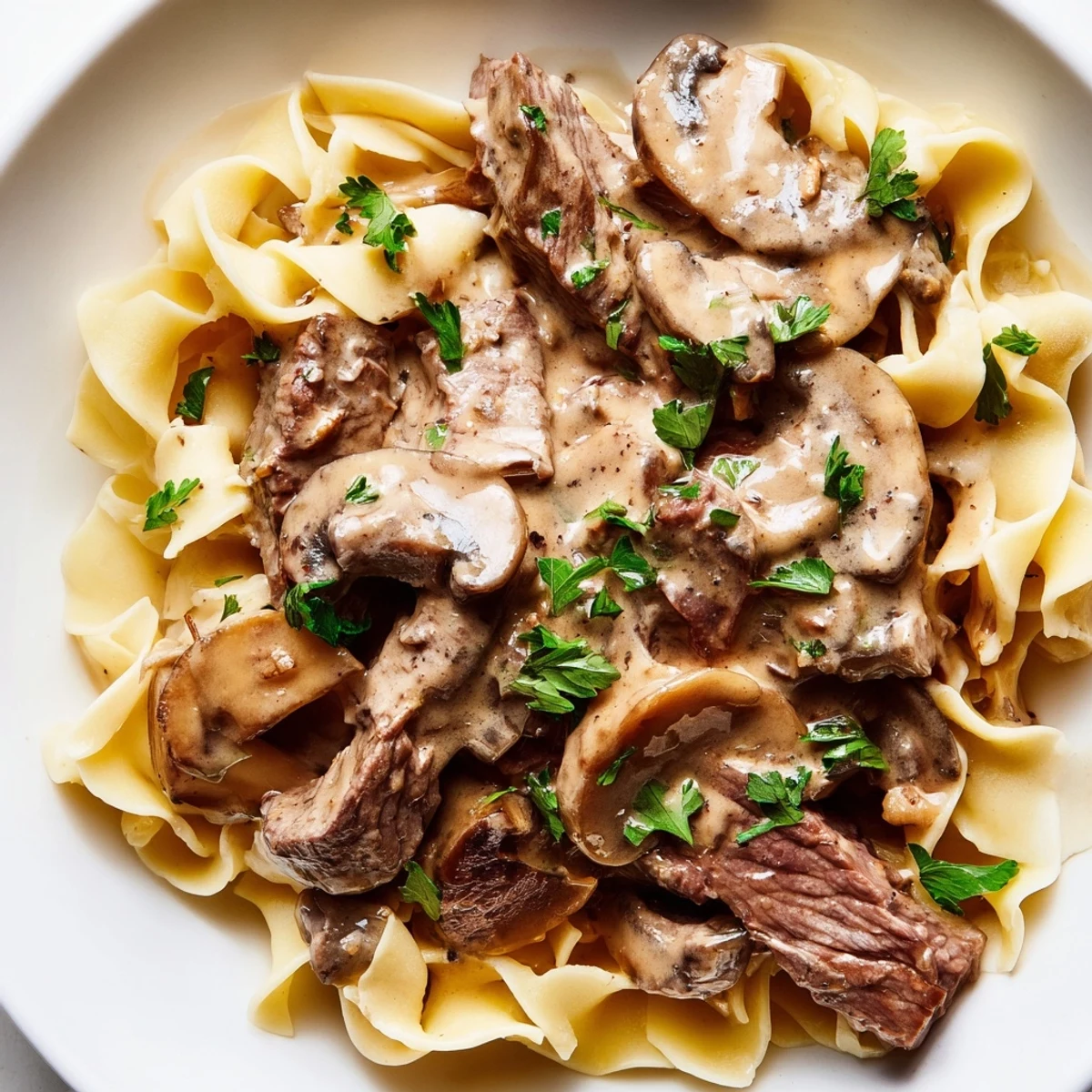 Close-up of homemade beef stroganoff featuring rich mushroom gravy spooned over wide egg noodles.