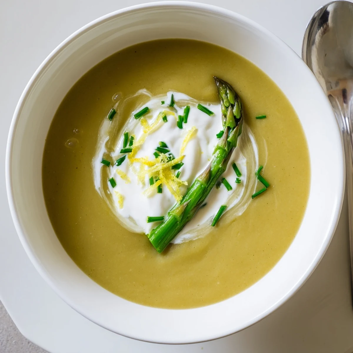 Creamy Asparagus Soup with Lemon and Crème Fraîche is garnished with fresh chives and a swirl of crème fraîche.