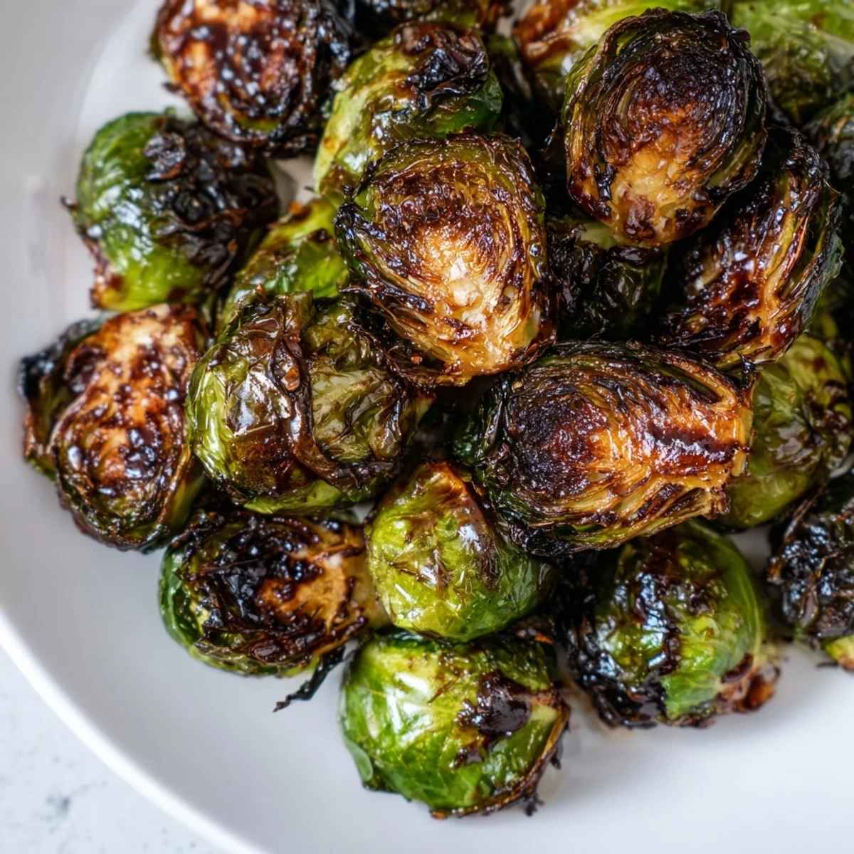 Freshly roasted Brussels sprouts with balsamic vinegar on a baking sheet garnished with toasted pine nuts, perfect for a healthy side dish.