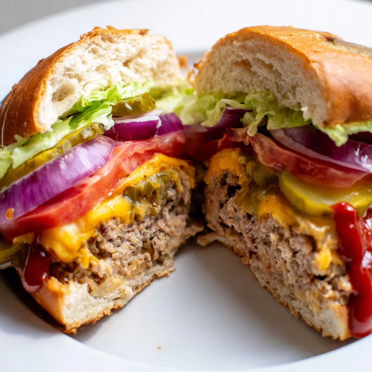 A juicy Turkey Burger with Cheese and Dill Pickles rests on a toasted bun, ready to be enjoyed.