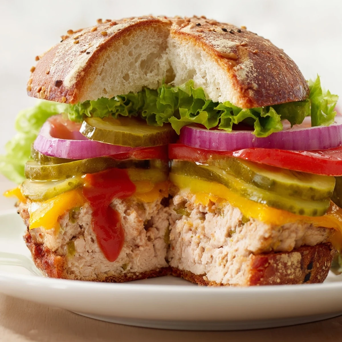 This Turkey Burger with Cheese and Dill Pickles features melted cheddar and crisp pickles on a soft bun.
