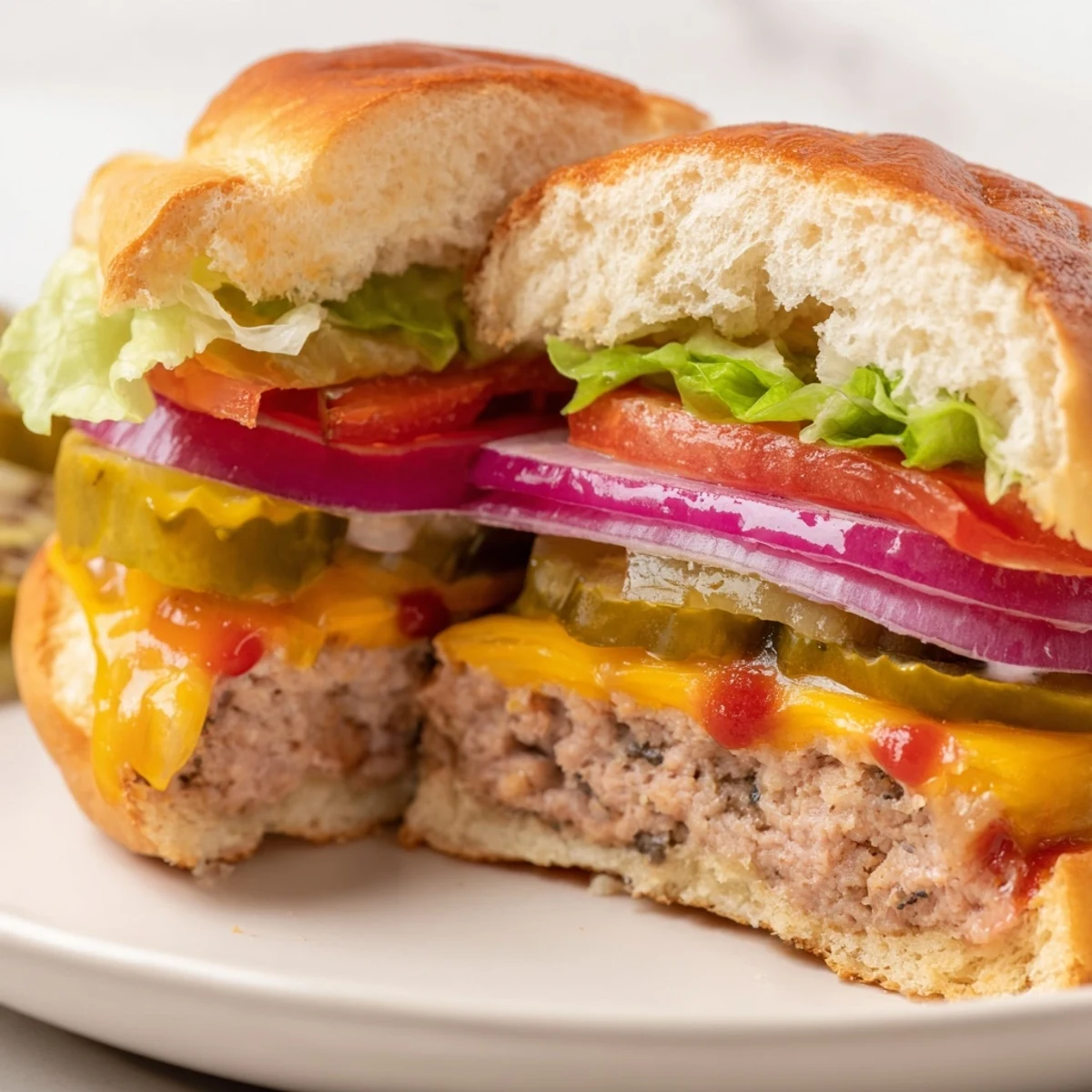 A fully assembled Turkey Burger with Cheese and Dill Pickles shows fresh lettuce and tomato on a plate.