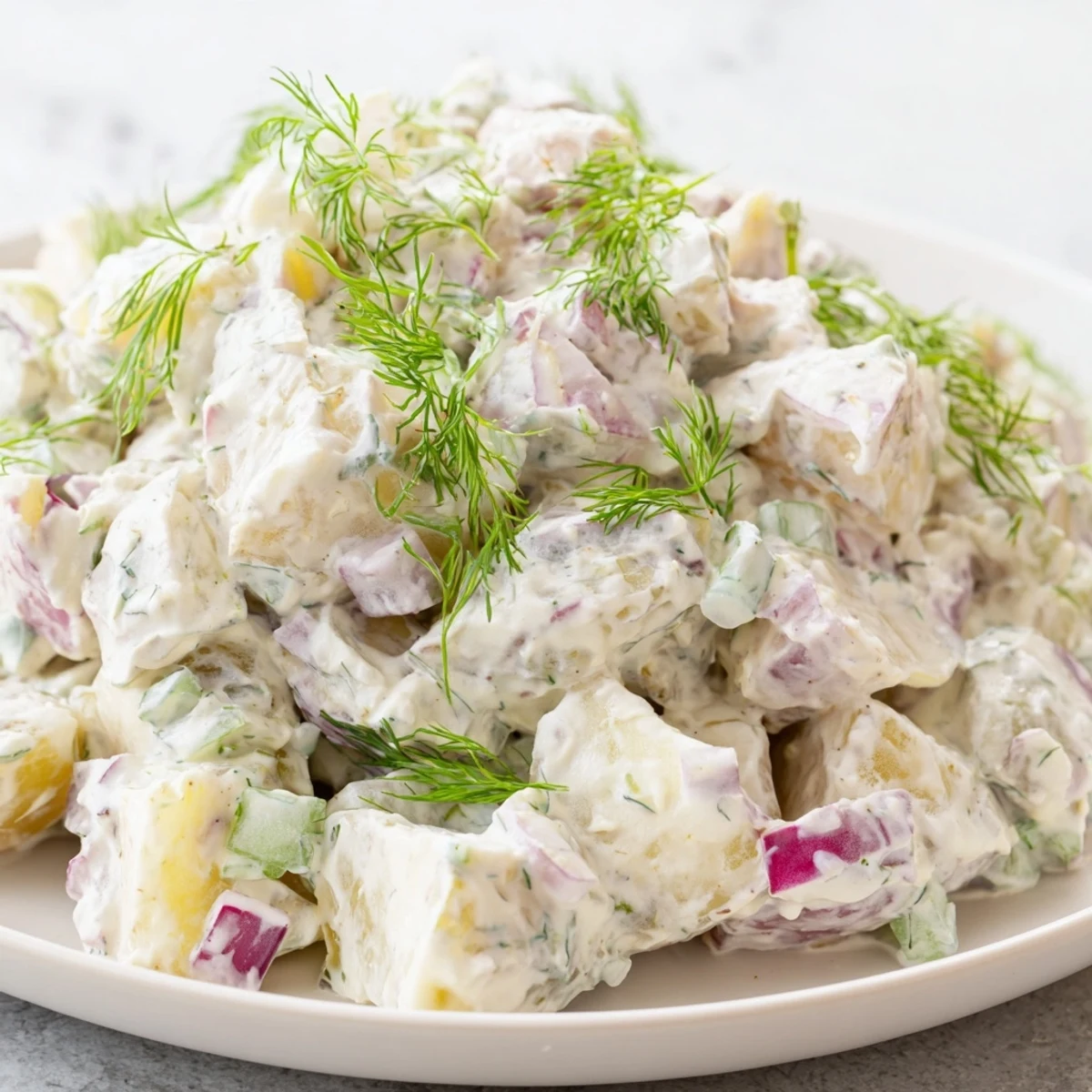 Freshly boiled Yukon Gold potatoes tossed in a tangy, creamy dressing, garnished with vibrant green sprigs of fresh dill.
