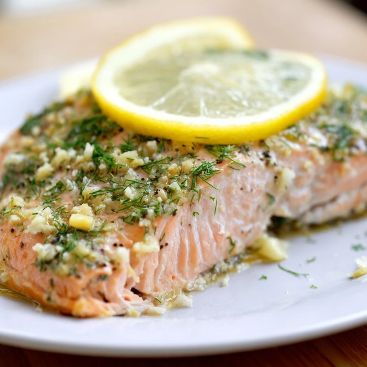 Close-up of juicy Baked Salmon with Lemon and Dill Weed, showing a fork lifting a seasoned piece from the fillet.