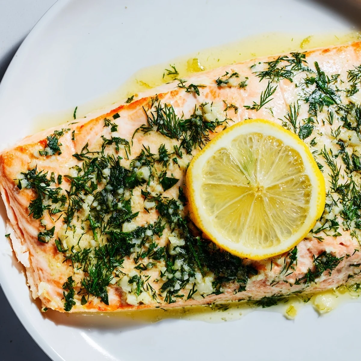 Flaky, tender Baked Salmon with Lemon and Dill Weed served alongside roasted asparagus and baby potatoes on a white plate.