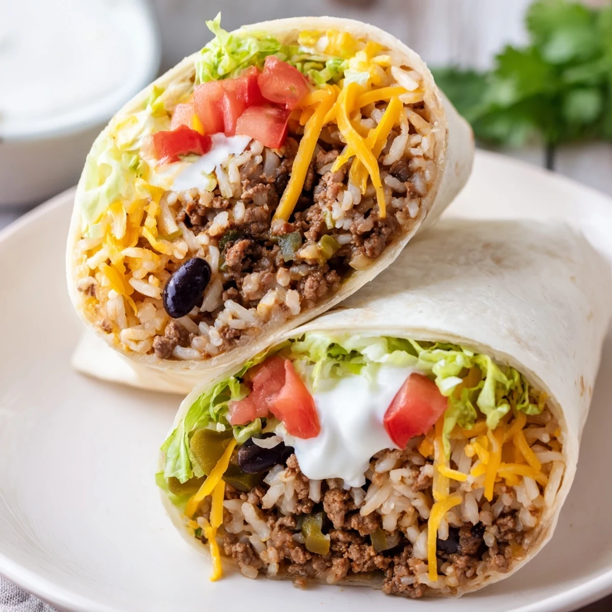 Fluffy white rice and seasoned ground beef wrapped in a warm flour tortilla with melted cheese and fresh toppings.