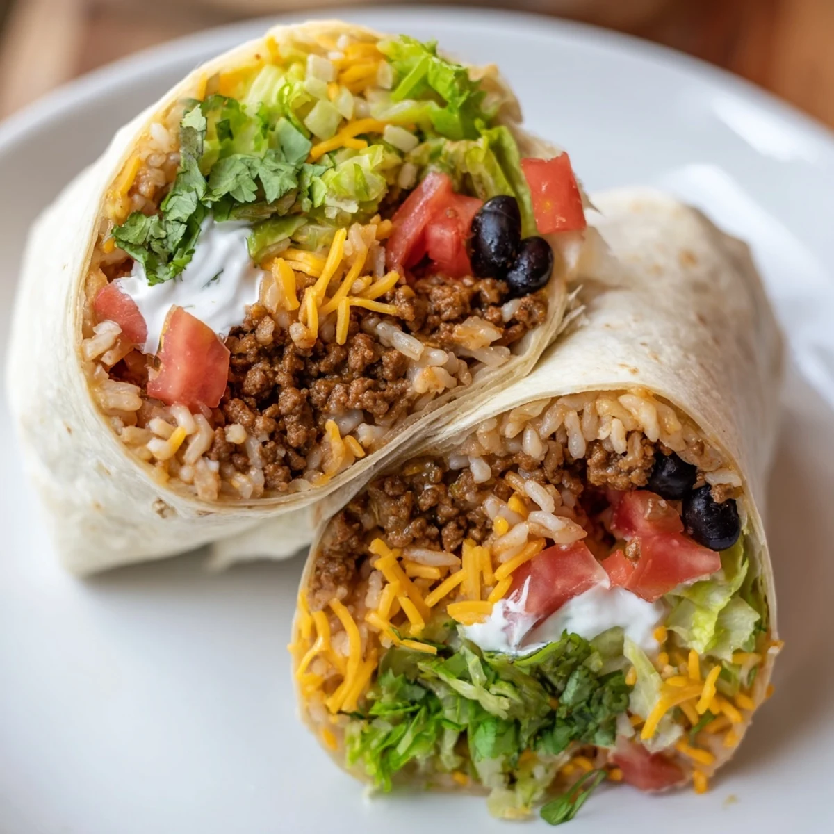 A close-up of a beef burrito with rice, shredded lettuce, diced tomatoes, sour cream, and cilantro.