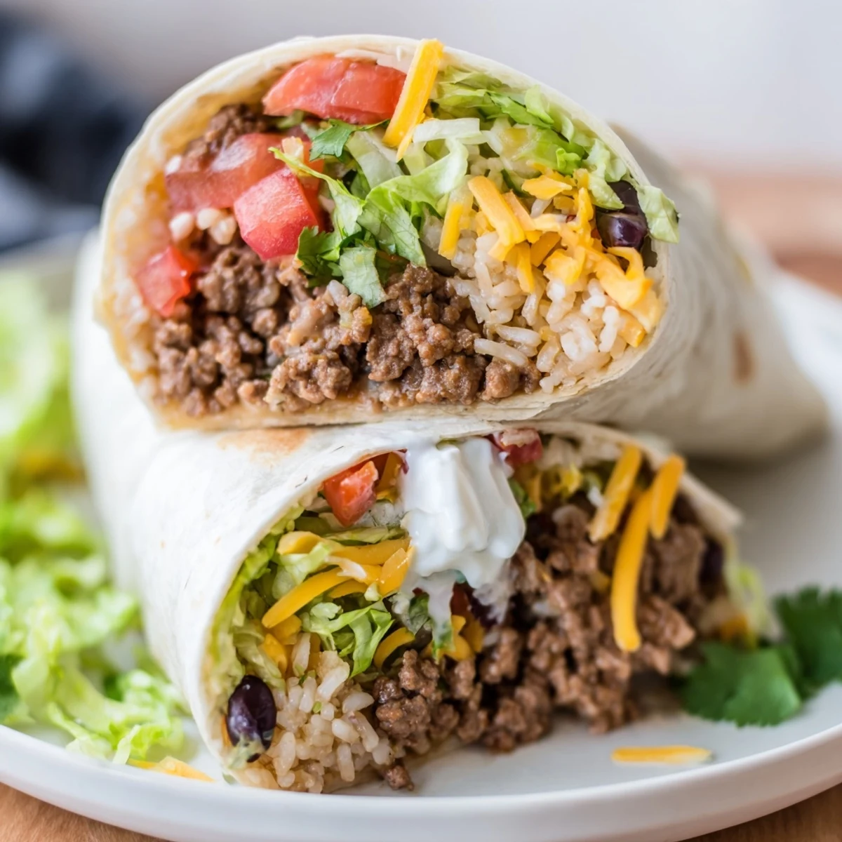Golden-brown burrito filled with rice, seasoned beef, and classic Mexican toppings, served on a plate for dinner.