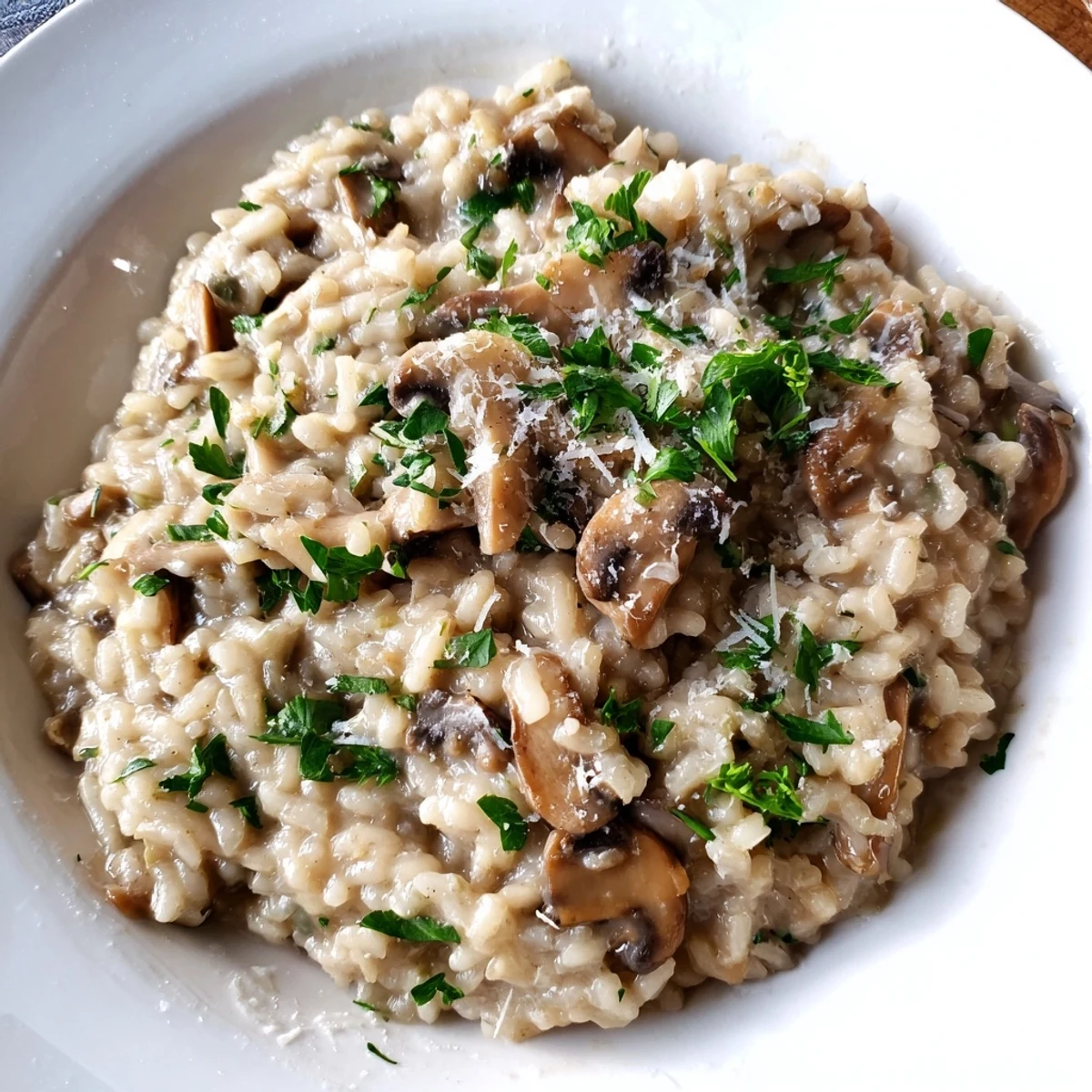 Golden-brown sautéed mushrooms and tender Arborio rice in a rich, velvety risotto, with a side of crusty bread for dipping.