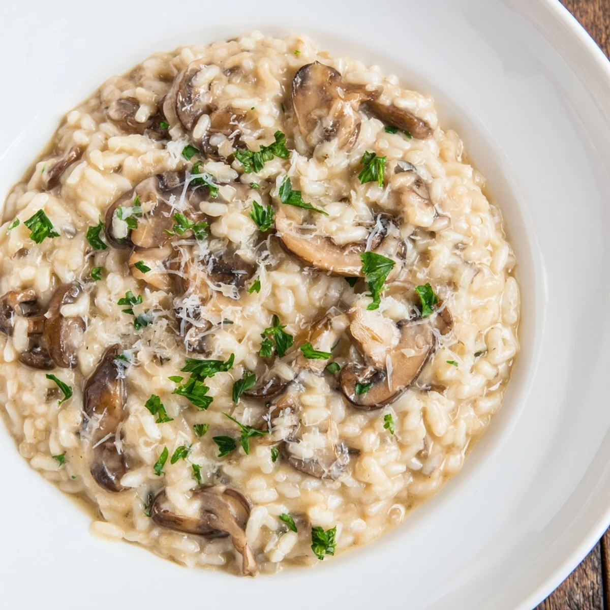 Hearty vegetarian creamy mushroom risotto served in a rustic bowl, showcasing the luscious texture and earthy mushroom aroma.