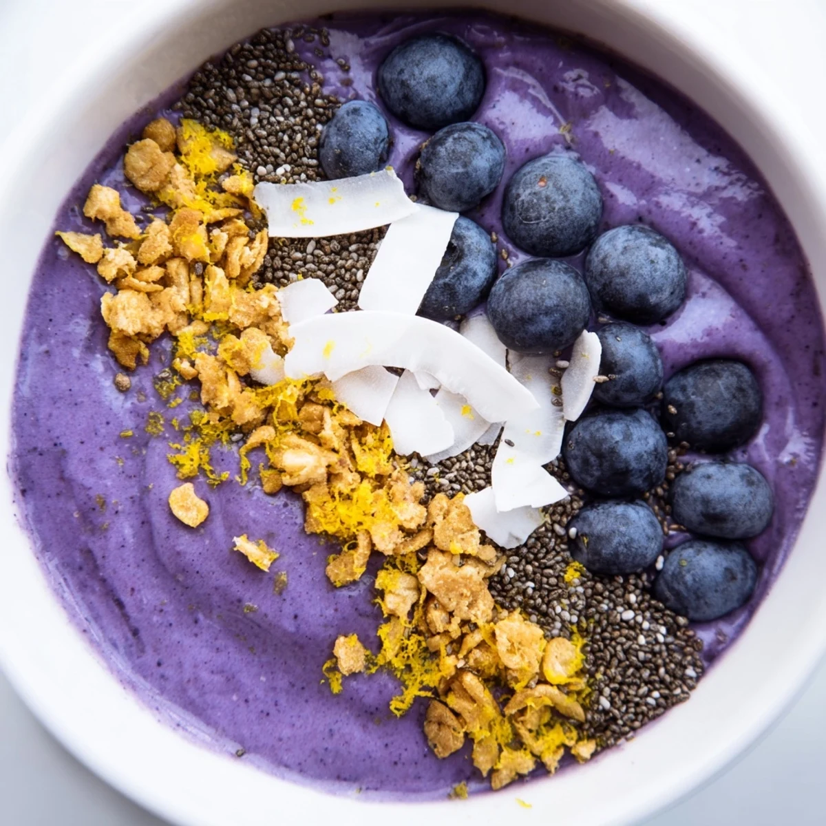 Vibrant Lemon Blueberry Smoothie Bowl topped with crunchy granola, fresh blueberries, and coconut flakes for a refreshing breakfast.  