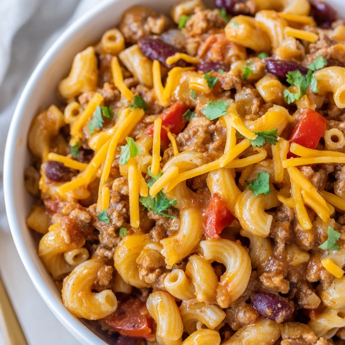 Steam rises from a large pot of Turkey Chili Mac and Cheese, revealing melted cheddar coating elbow macaroni with red bell pepper and kidney beans.