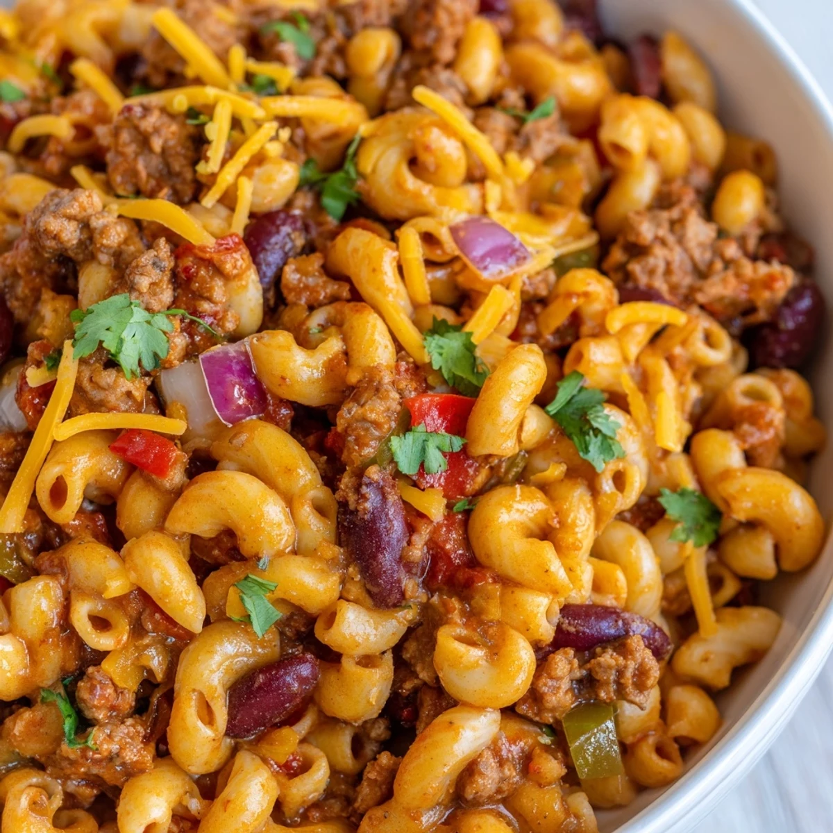 Spoon scoops up a hearty serving of Turkey Chili Mac and Cheese, showing creamy texture, ground turkey, and diced tomatoes on a rustic family dinner plate.