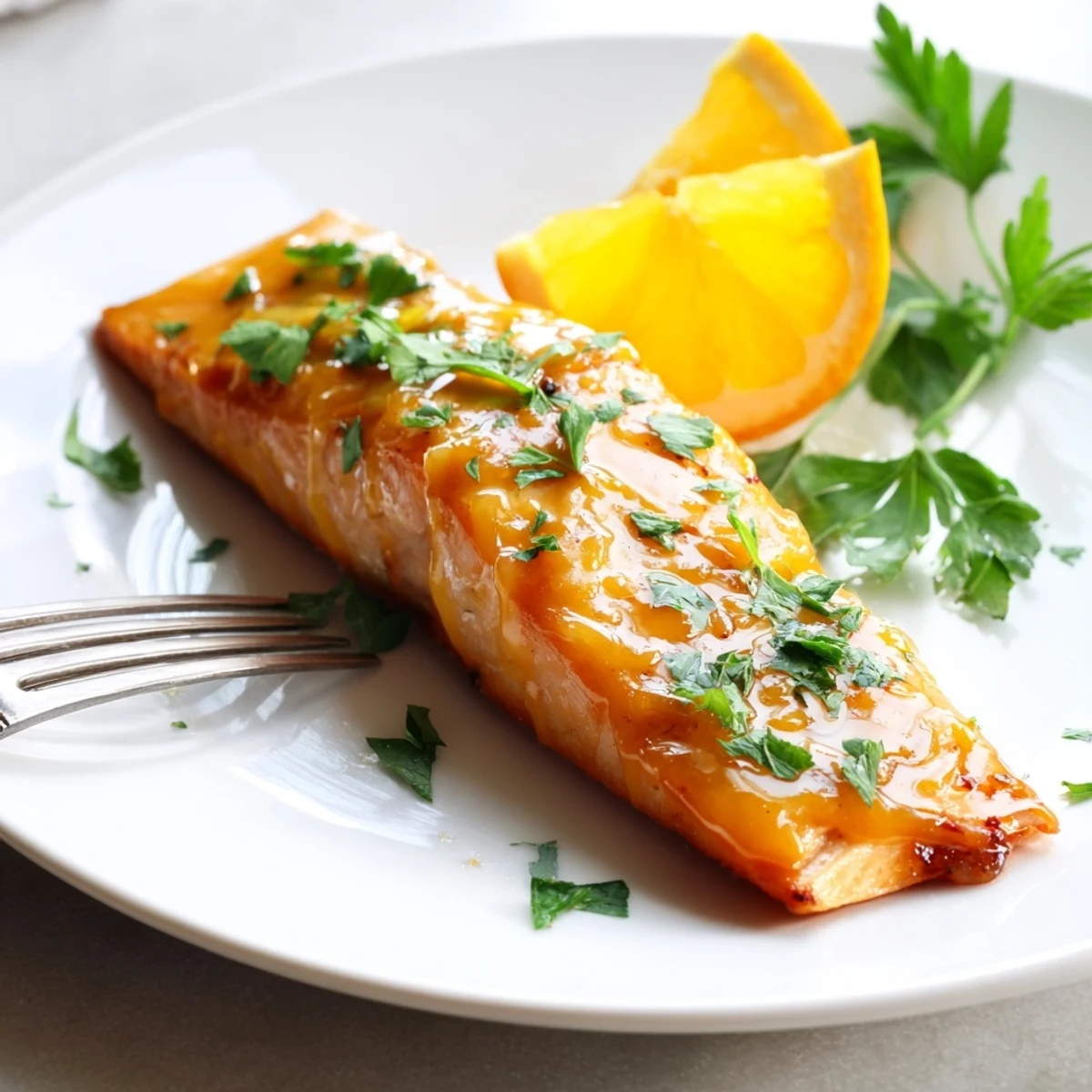 Freshly baked salmon fillets glisten with a bright orange glaze, garnished with parsley on a baking sheet.