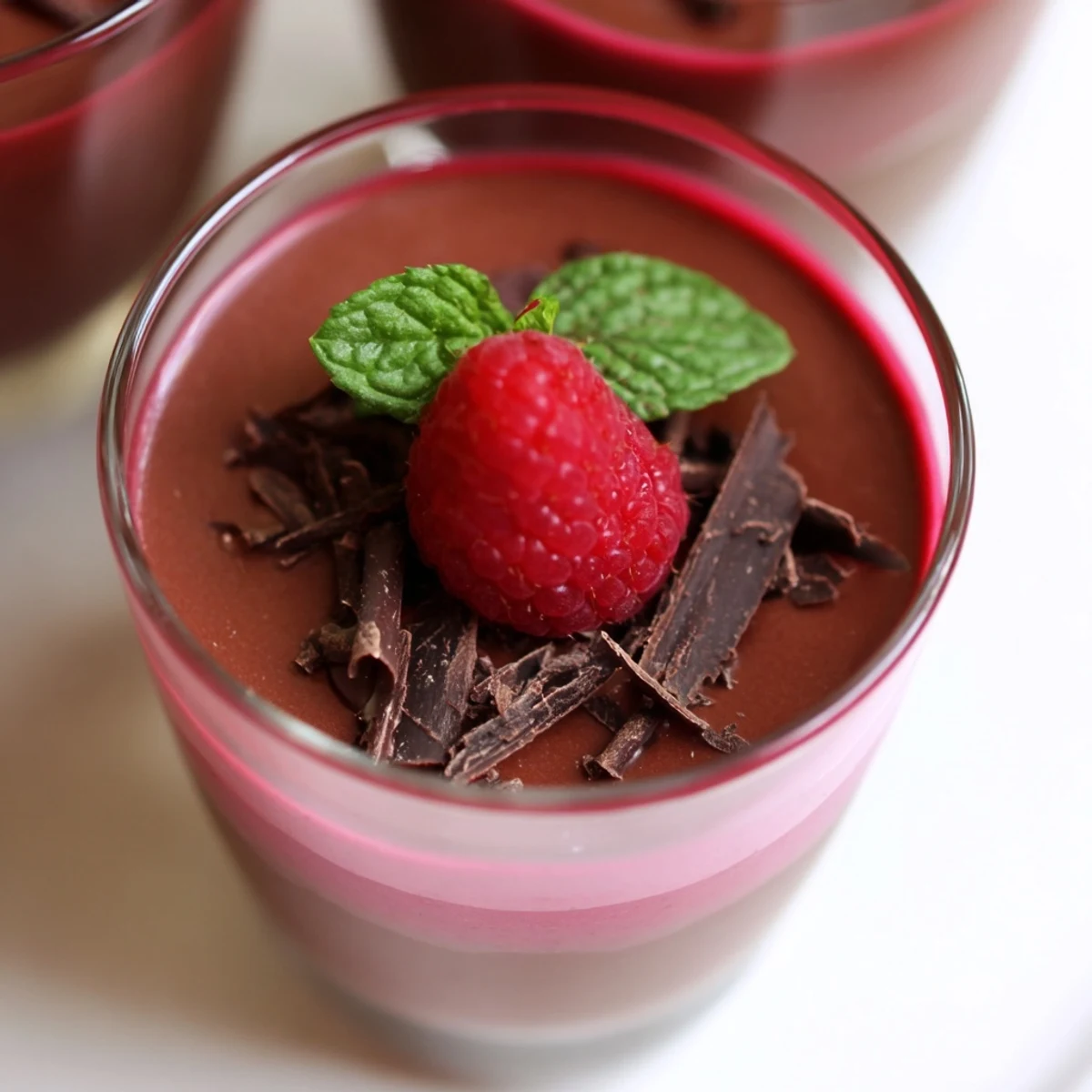 Elegant glass cups display layers of chocolate mousse and bright raspberry purée, topped with fresh berries and dark chocolate shavings for a stunning presentation.