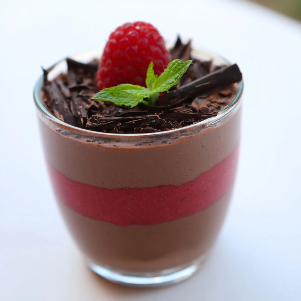 This rich chocolate raspberry mousse cups dessert features airy chocolate mousse layered with tart raspberry purée, perfect for an impressive yet easy dessert.