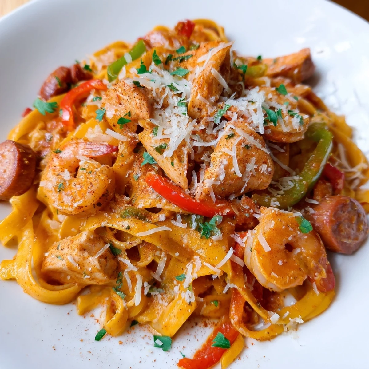 Sizzling andouille sausage and shrimp mix with colorful bell peppers in a skillet of Cajun Jambalaya Pasta, garnished with fresh parsley.