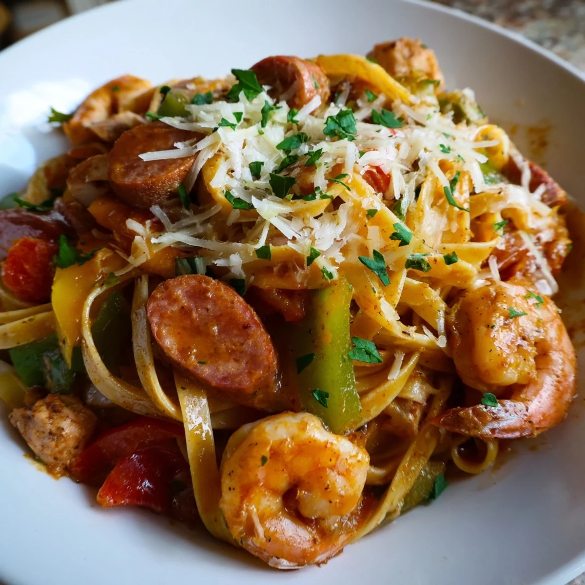 Homemade Cajun Jambalaya Pasta served in a white bowl, revealing tender chicken strips and fettuccine coated in a bold, spicy cream sauce.