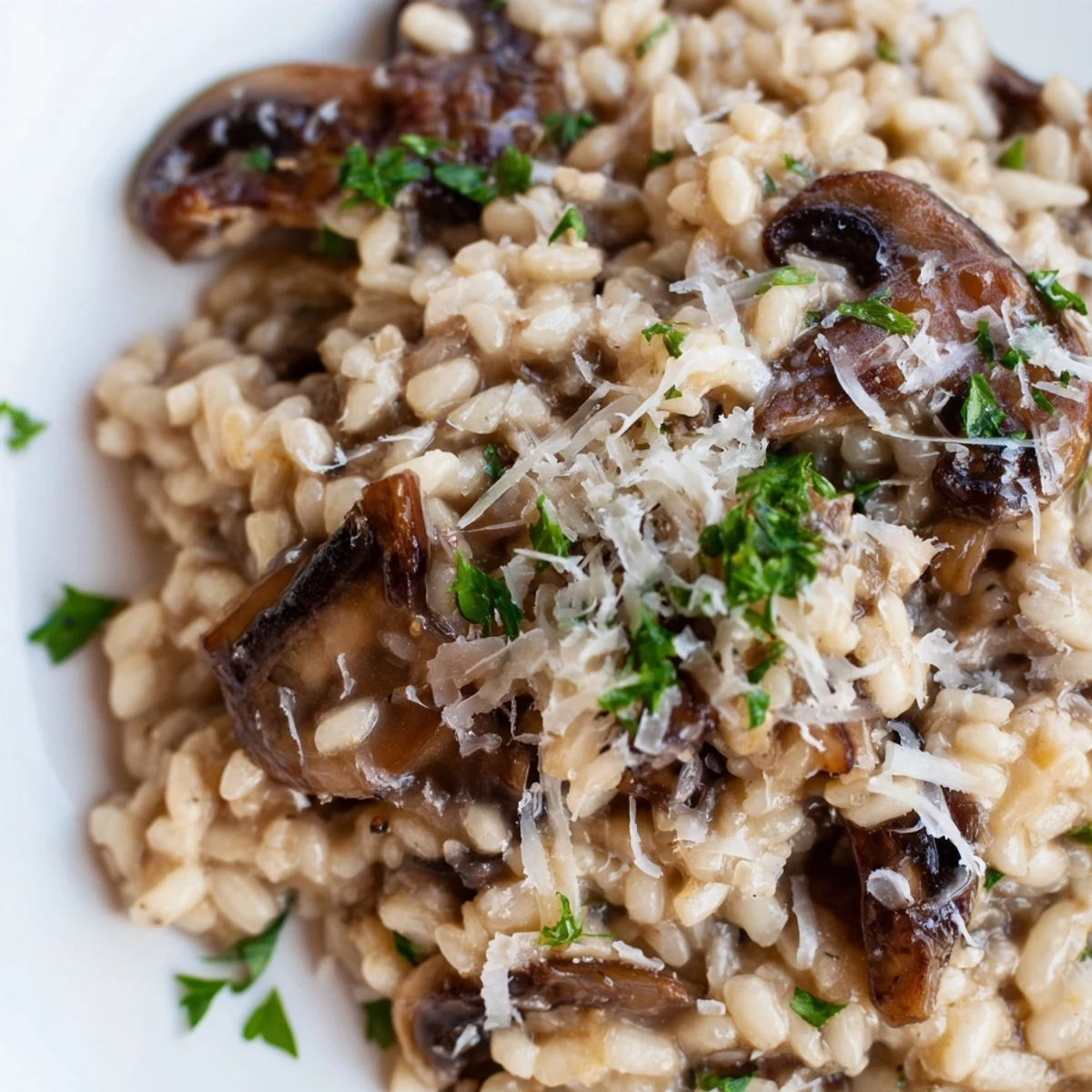 A steaming bowl of creamy Date Night Mushroom Risotto with golden, earthy mushrooms and a sprinkle of fresh parsley, ready to serve.  