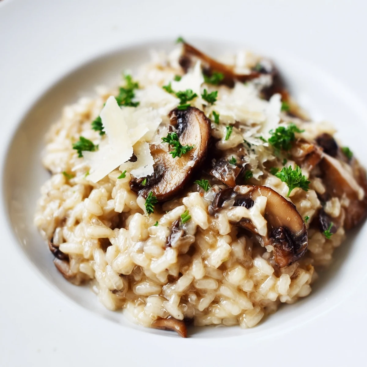 Hearty Date Night Mushroom Risotto with tender mushrooms and a creamy texture, served elegantly in a shallow bowl.