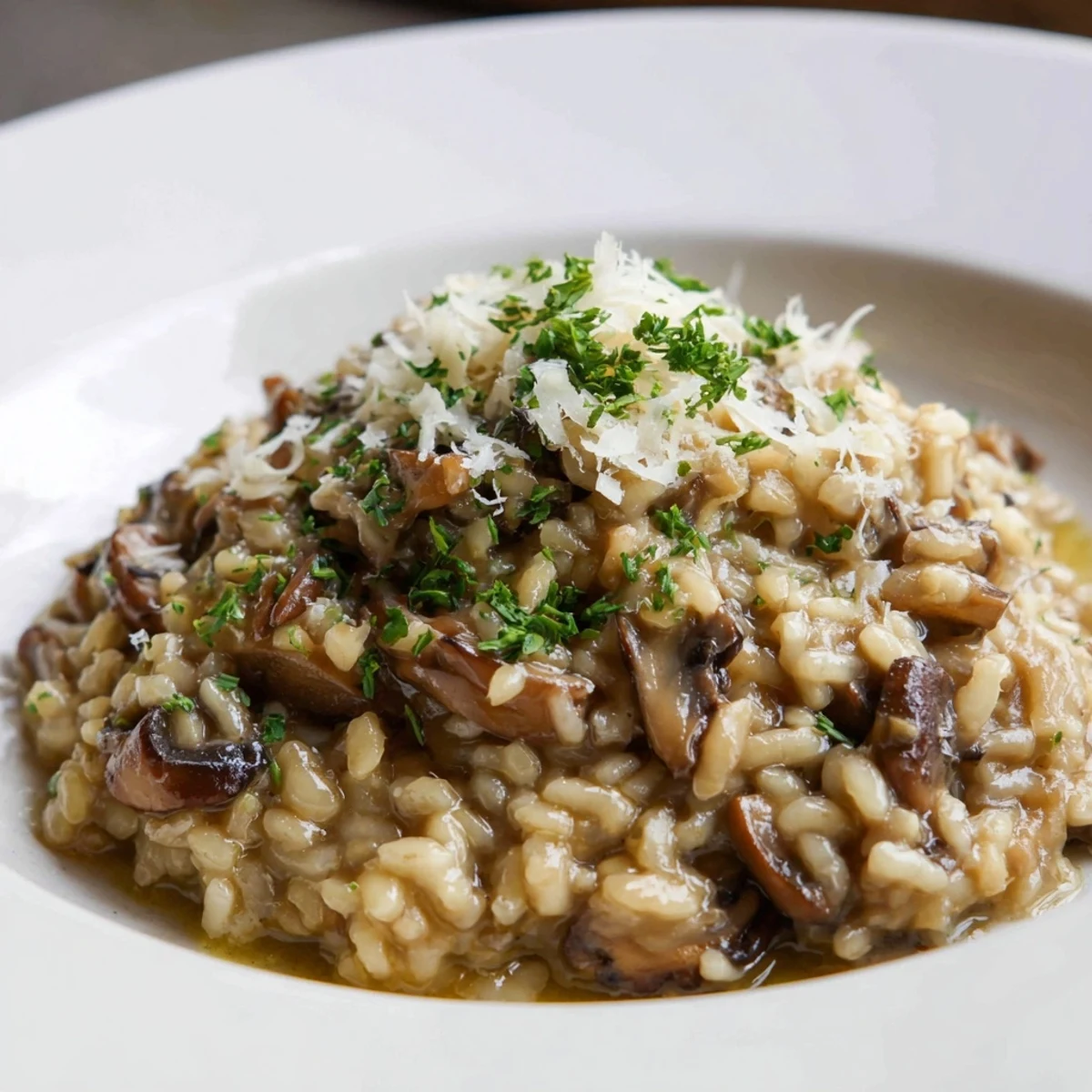 A close-up of rich Date Night Mushroom Risotto topped with melted parmesan, garnished with fresh parsley on a rustic table.  