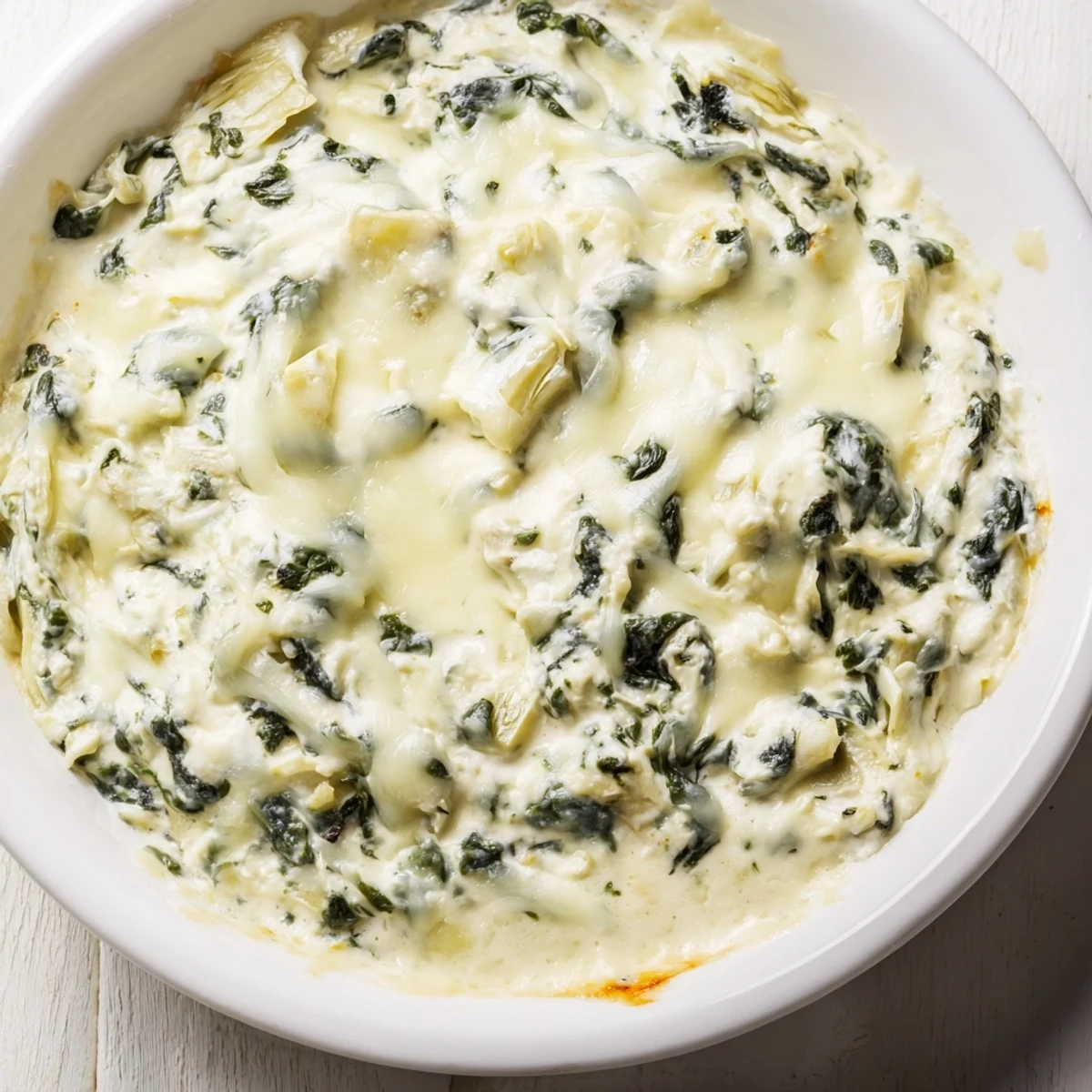 Bubbling hot spinach and artichoke dip fresh from the oven, paired with toasted baguette slices and a sprinkle of fresh herbs.