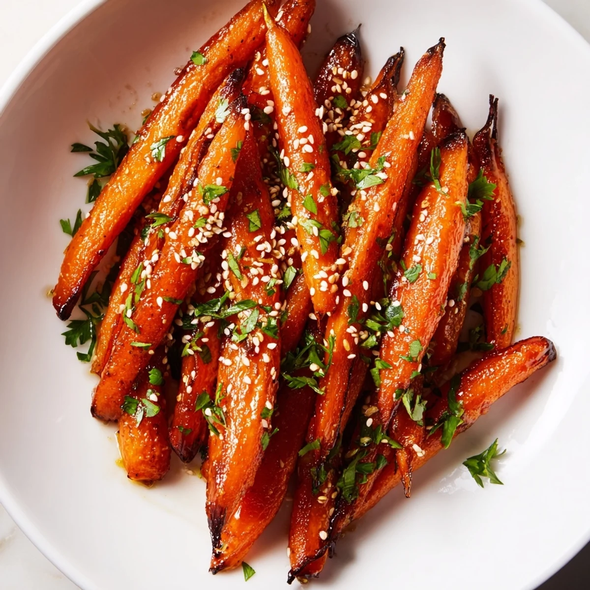 Oven-roasted carrots with honey and cumin glaze, glistening and caramelized on a platter with fresh parsley.
