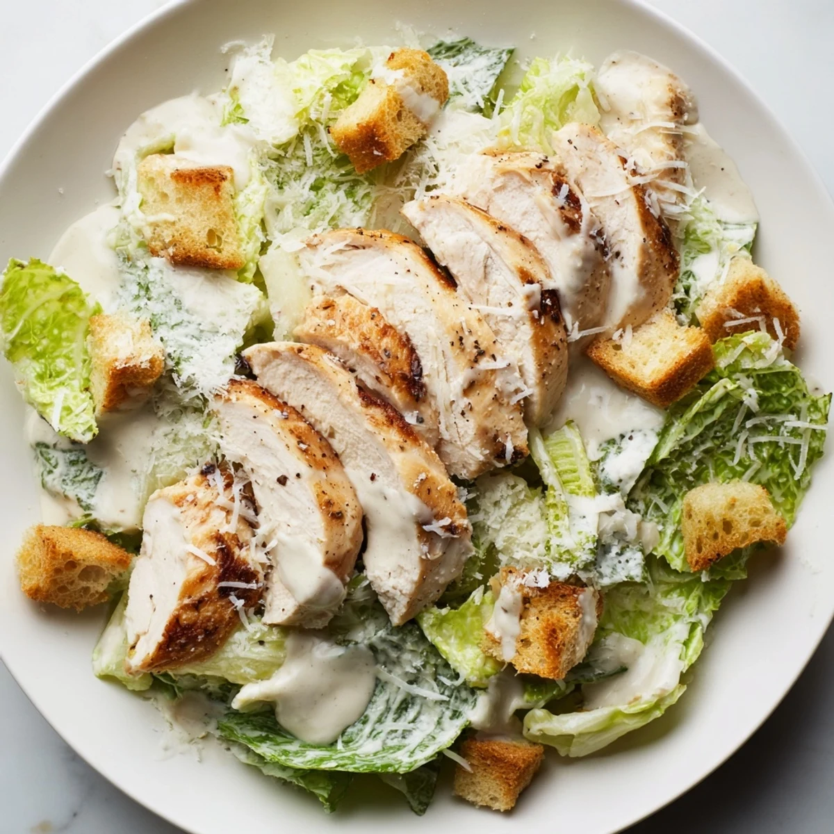 A close-up of a satisfying Chicken Caesar Salad with juicy chicken, golden croutons, and shaved Parmesan cheese on vibrant greens.
