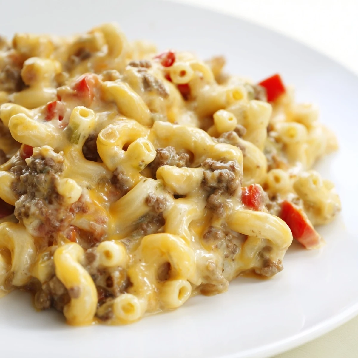 Steaming Beef Chili Mac and Cheese Skillet topped with melted cheddar and fresh cilantro in a cast-iron pan.  