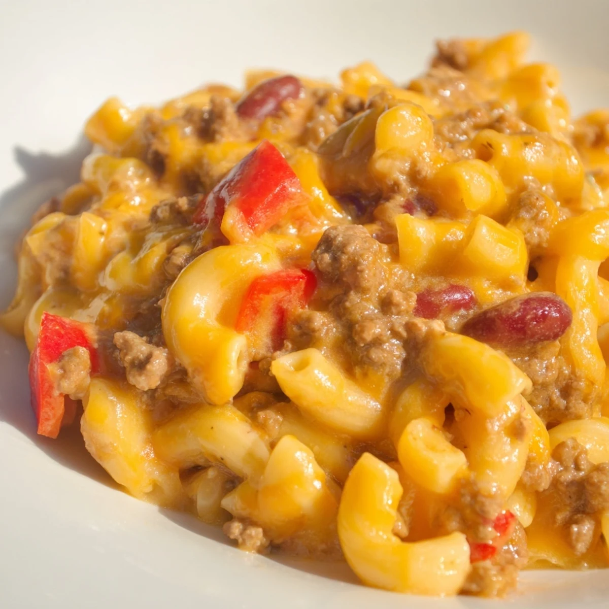 A close-up of a creamy Beef Chili Mac and Cheese Skillet garnished with green onions, ready to serve.
