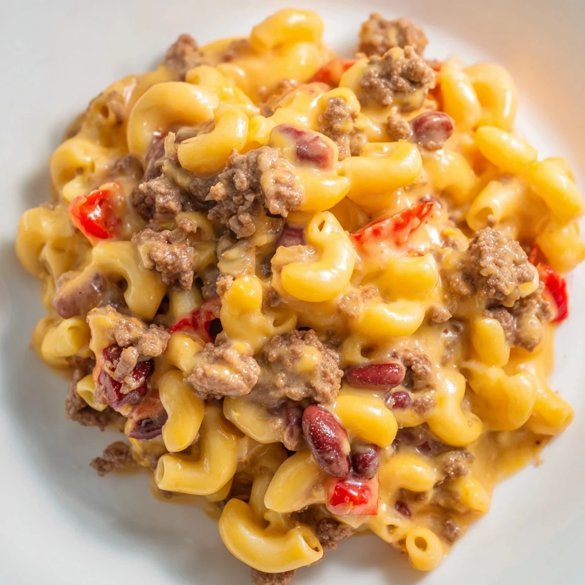 Ground beef, kidney beans, and elbow macaroni simmered in a rich tomato broth for a cozy weeknight meal.  