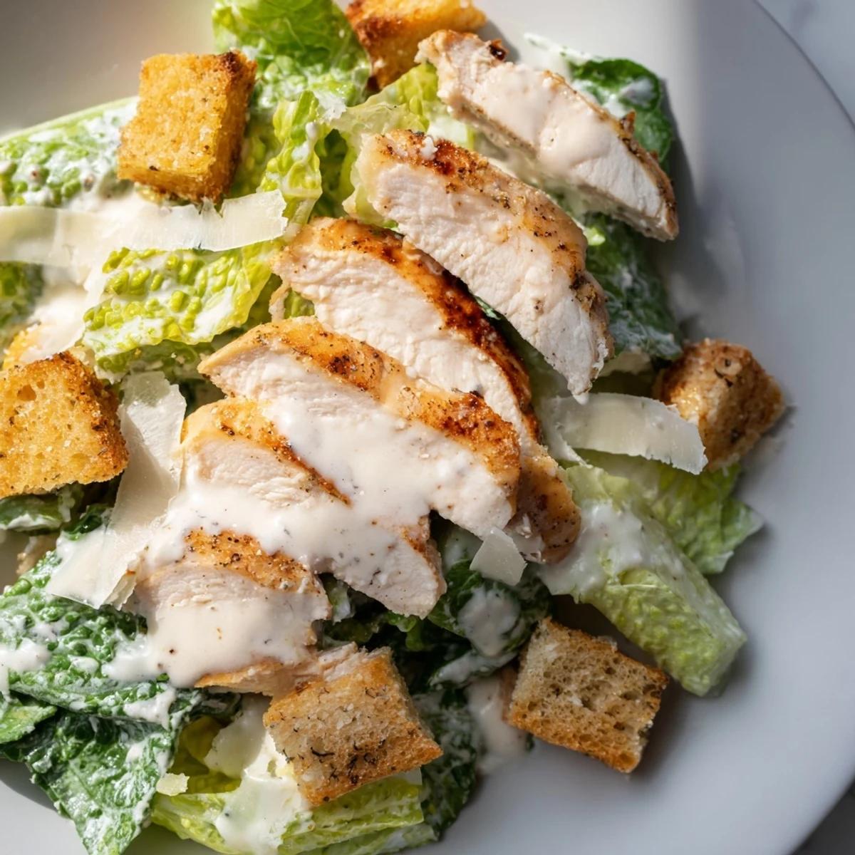 Vibrant plate of Chicken Caesar Salad with juicy grilled chicken, crisp romaine, crunchy croutons, and shaved Parmesan.  