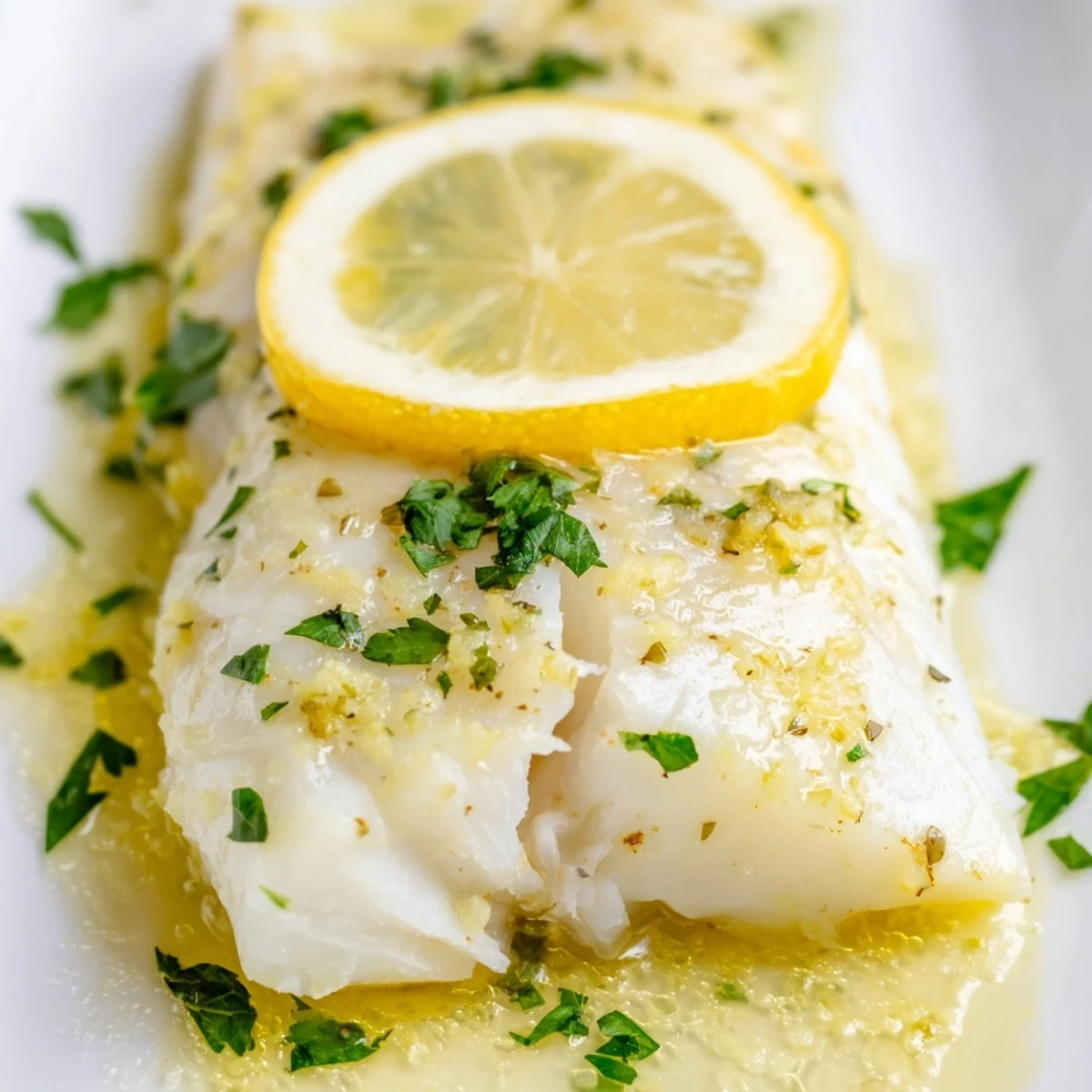 Flaky baked cod fillets glazed with bright lemon butter sauce, garnished with fresh parsley and lemon slices on a white plate.