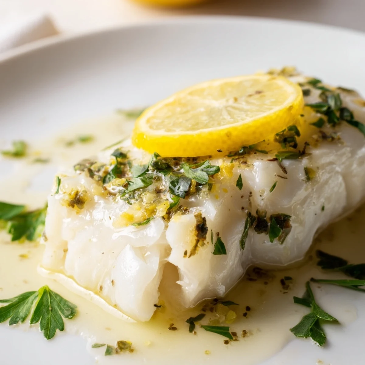 Golden, oven-baked cod fillets soaking up a zesty lemon butter glaze, perfect for a quick weeknight meal.