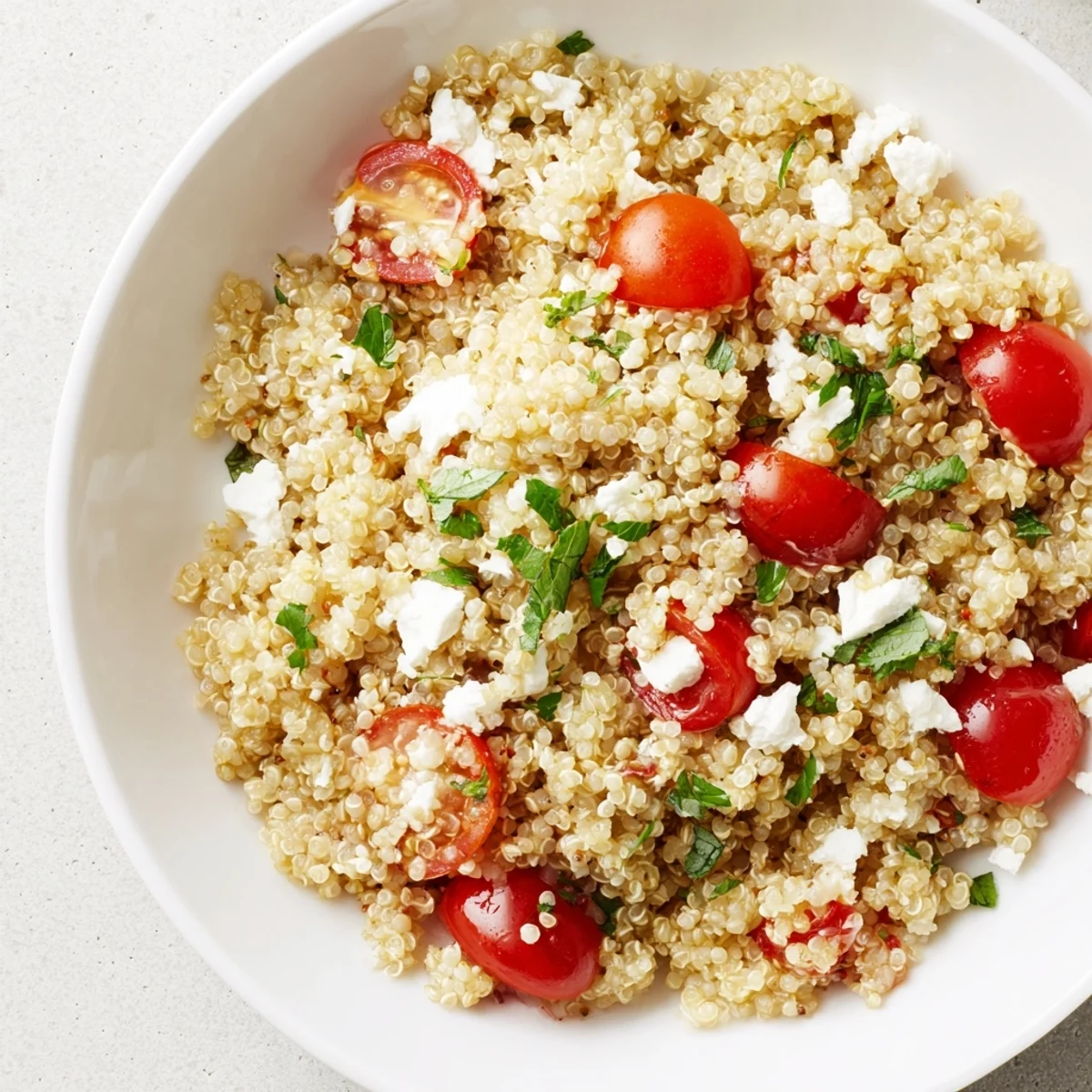 Fluffy quinoa, juicy cherry tomatoes, and crisp cucumber tossed in a zesty lemon-olive oil vinaigrette for a refreshing Mediterranean side dish.  
