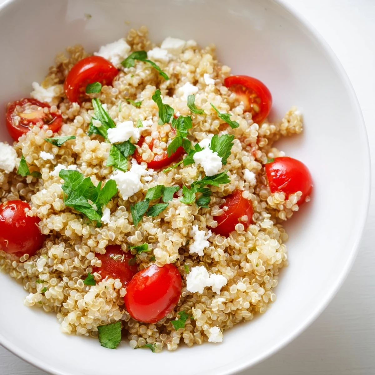 A vibrant Mediterranean Quinoa Salad with briny Kalamata olives, fresh herbs, and crumbled feta cheese served in a rustic white bowl.  