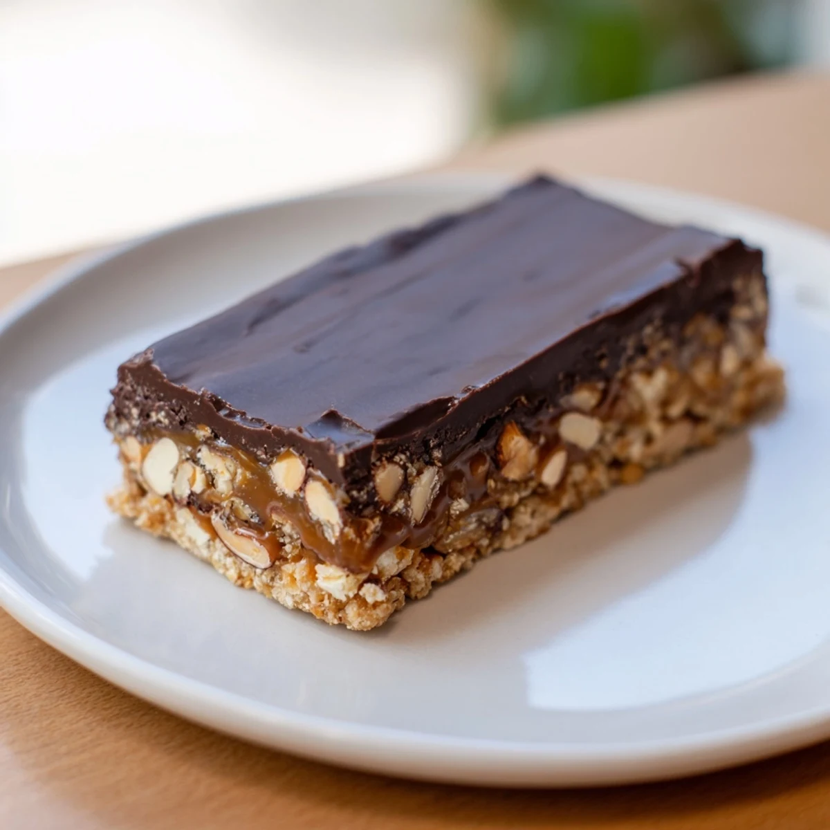 Homemade chocolate bars with caramel and nuts, featuring a golden crust layered with gooey caramel and crunchy nuts finished in glossy chocolate.