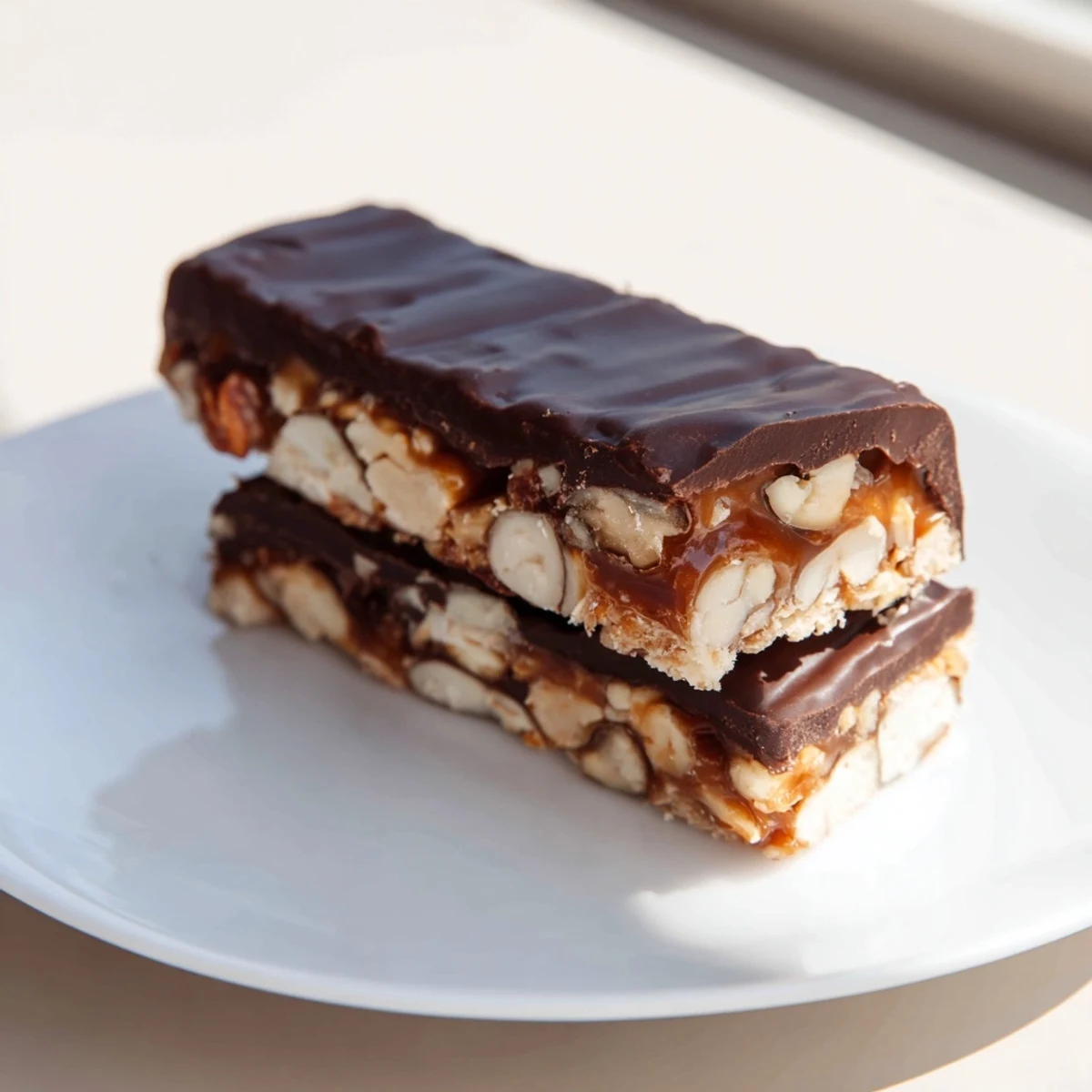 A close-up view of chocolate bars with caramel and nuts, showing smooth chocolate topping over sticky caramel and mixed nuts on a wooden surface.