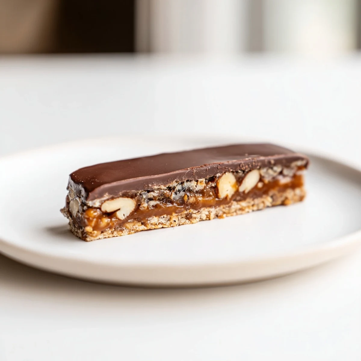 Stacked chocolate bars with caramel and nuts on a white plate, ready to serve with a glass of milk for a sweet afternoon treat.