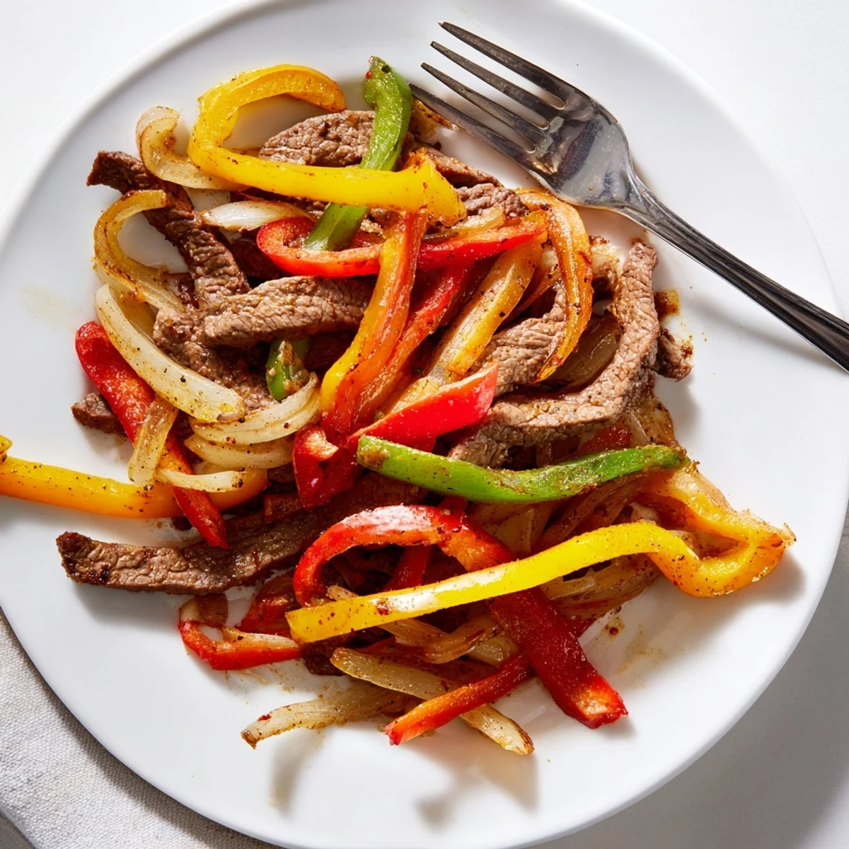 Sizzling beef fajita skillet with vibrant bell peppers and onions, served hot from the pan.  