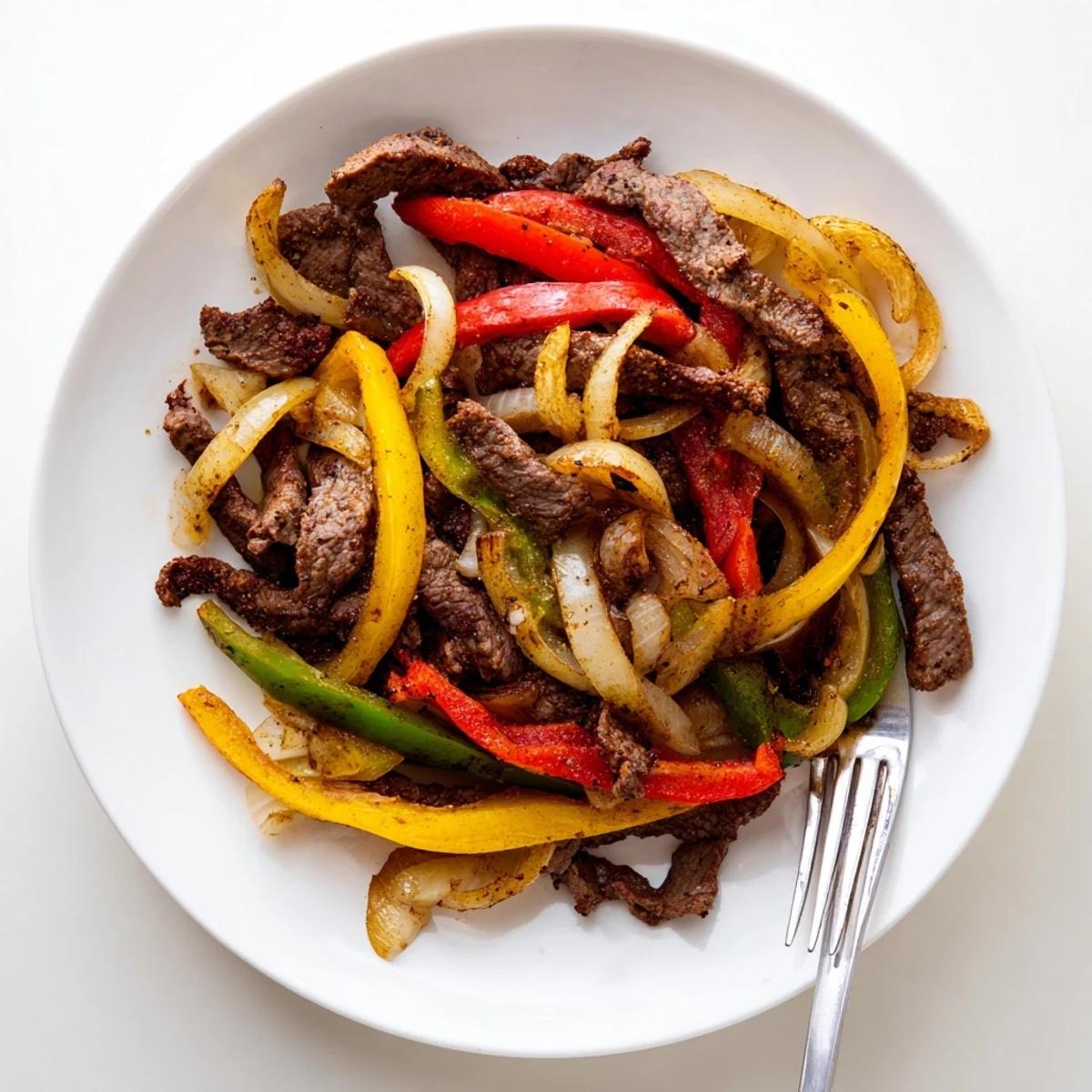 Colorful Tex-Mex fajitas sizzling in a skillet, topped with fresh cilantro and lime wedges.  