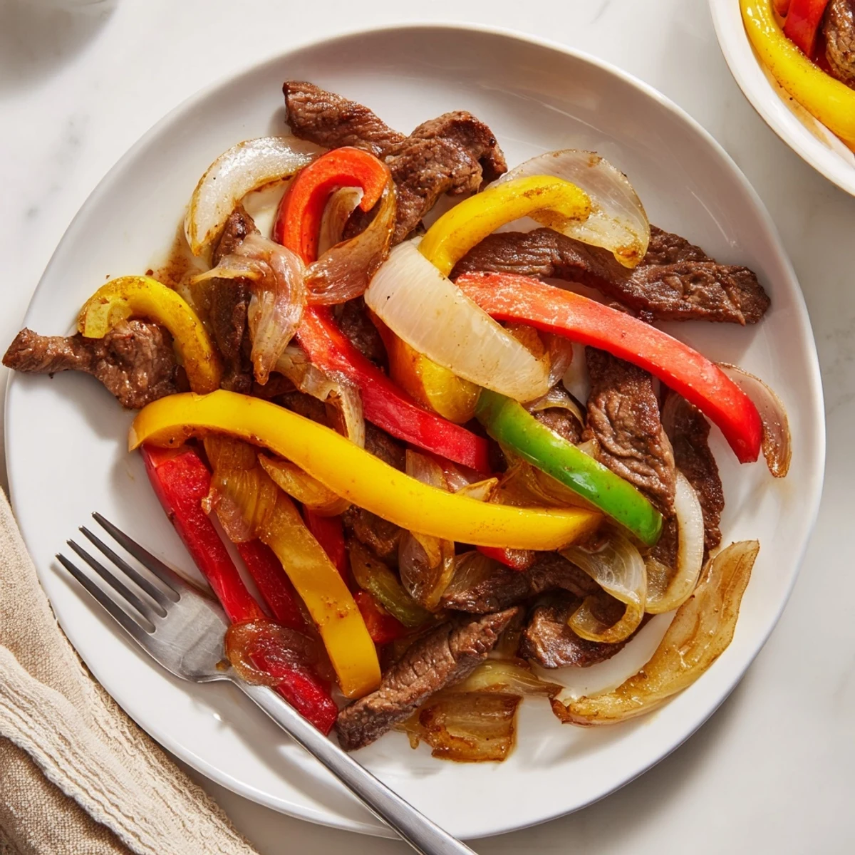 A close-up of tender beef and charred peppers in a sizzling skillet, perfect for tacos.