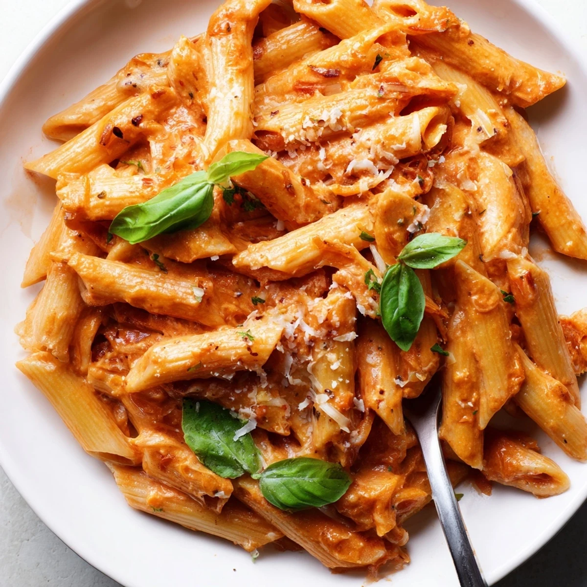 Creamy Tomato Pasta with Fresh Basil showcases a bowl of al dente penne coated in a velvety, rich tomato sauce with vibrant green basil leaves scattered on top.