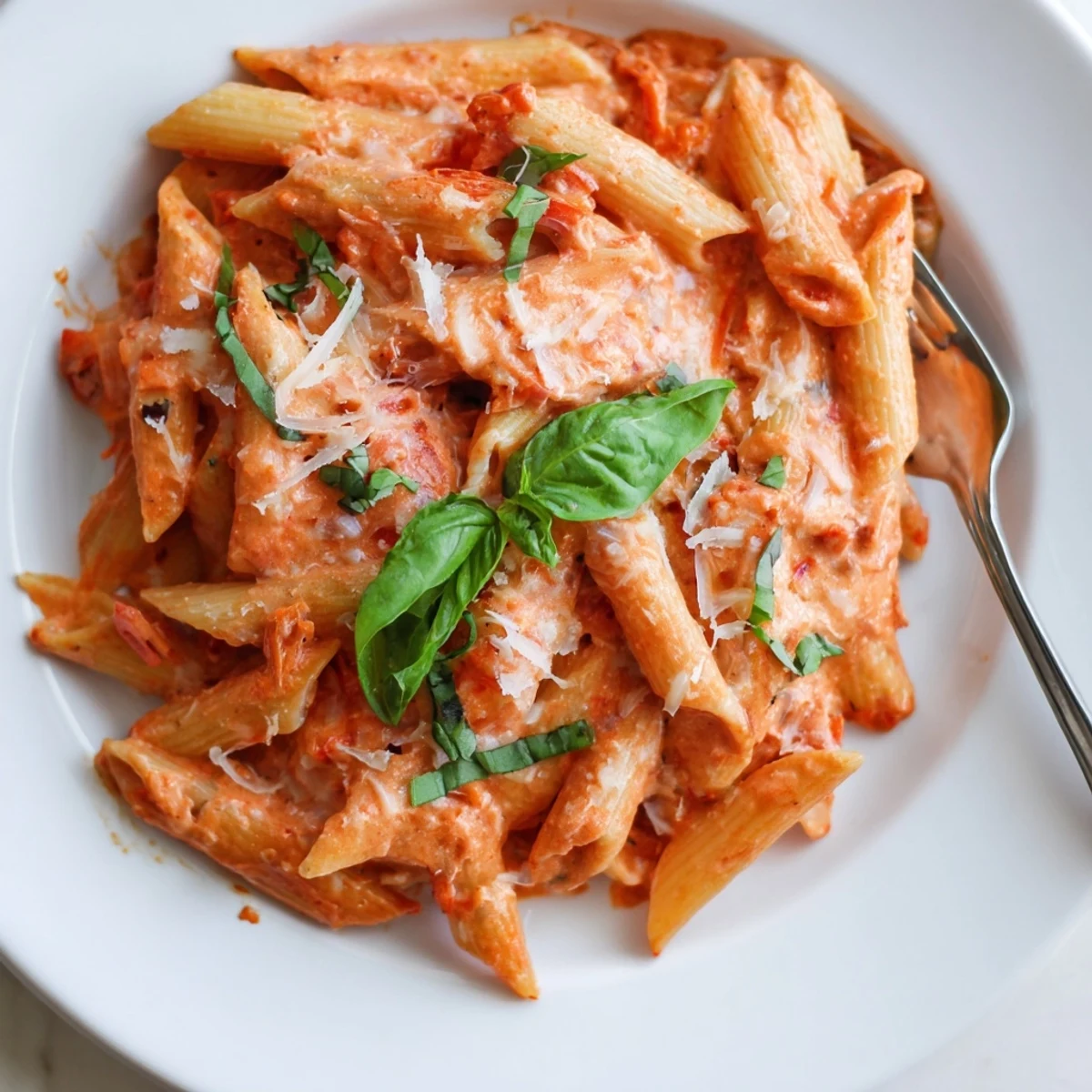 A close-up of Creamy Tomato Pasta with Fresh Basil, garnished with freshly torn basil and a generous sprinkle of Parmesan, steaming invitingly on a rustic wooden table.