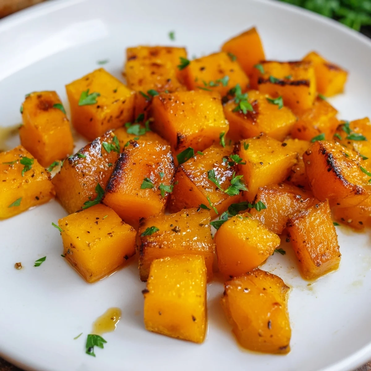 Golden, tender cubes of Roasted Butternut Squash with Maple glistening in a rustic baking dish, ready to serve.