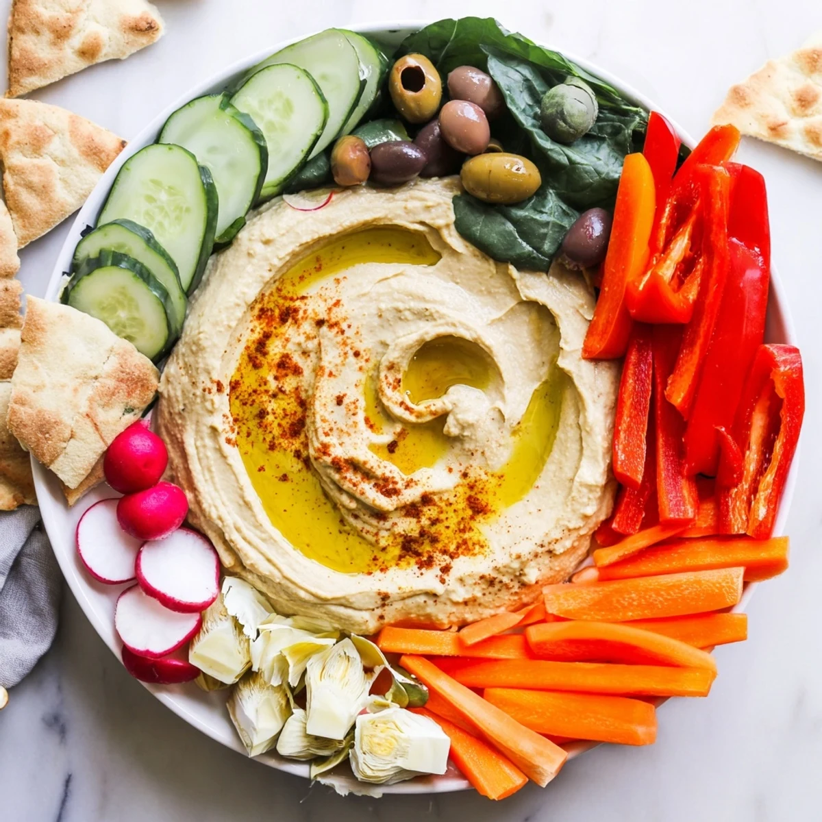 Hearty Mediterranean Hummus Platter garnished with paprika and parsley, ideal for sharing at a party or potluck.